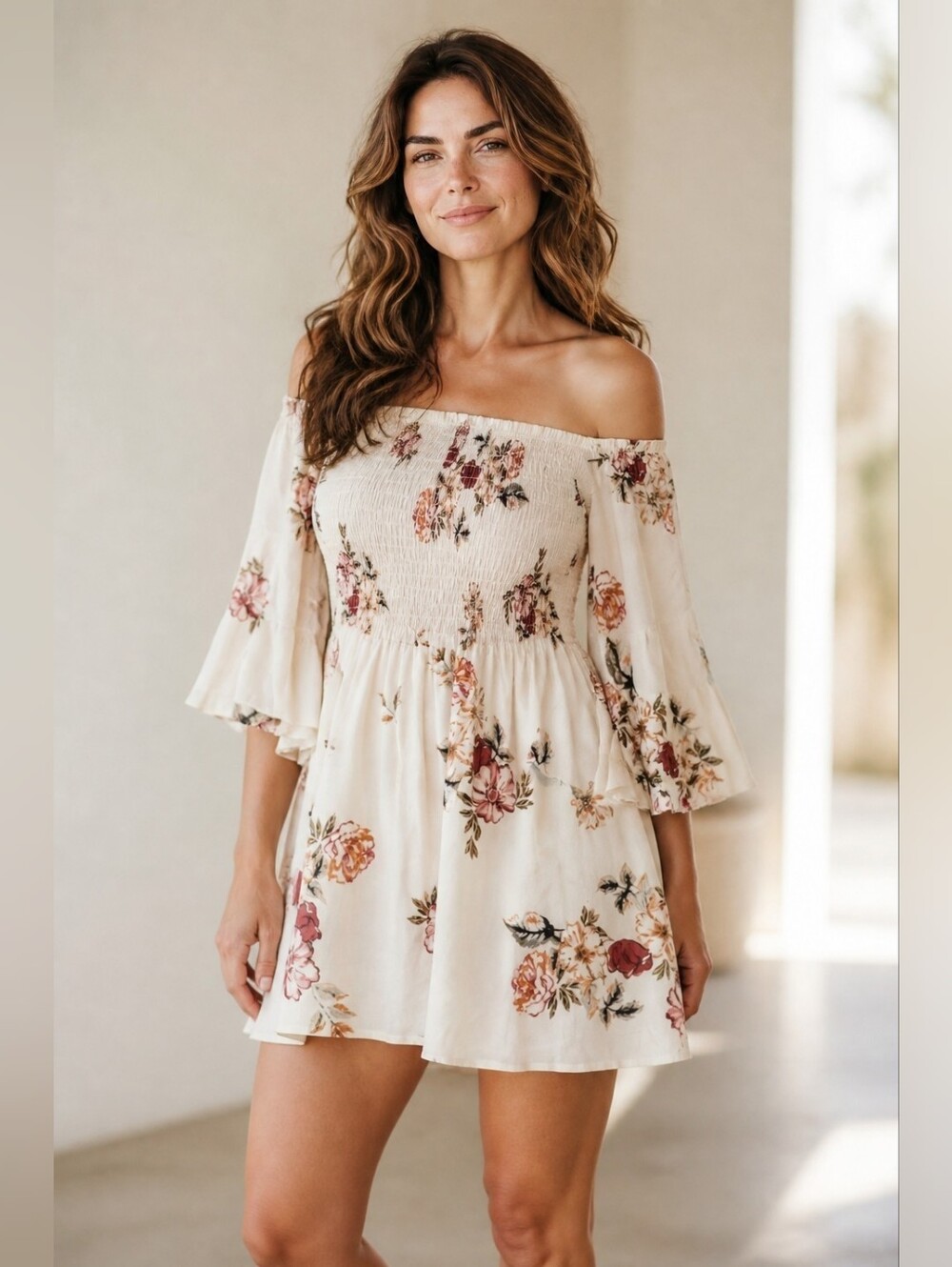 Feathers Floral Off-Shoulder Smocked Flowing Mini Dress